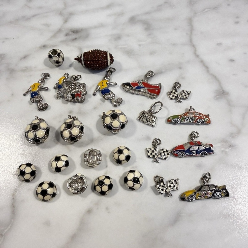 24pc Soccer Racing Football Charms Pendants Sports Jewelry Findings Silver tone